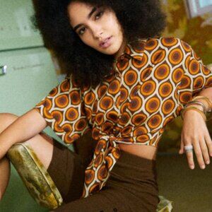 Cider "Let's Groove" Retro Patterned Tie-front Top, Size 3X